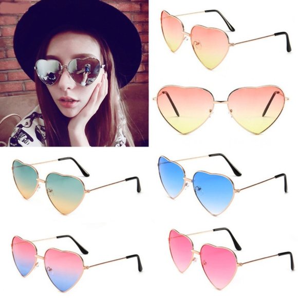 TEMP OUT OF STOCK Heart Shaped UV400 Blue & Pink Sunglasses Gold Metal Rim - Picture 2 of 14